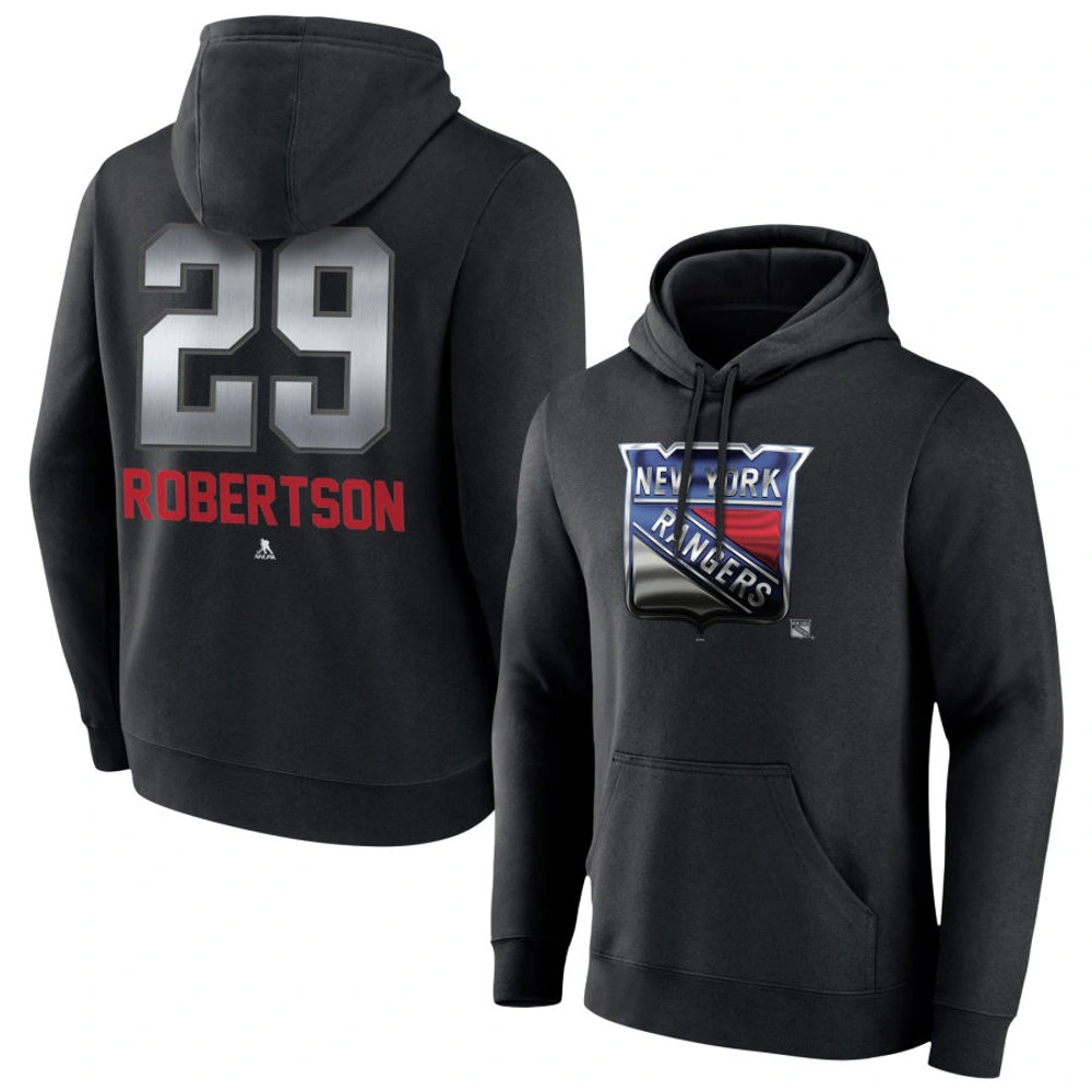 Men's New York Rangers Black Midnight Mascot Logo Matthew Robertson Player Pullover Hoodie