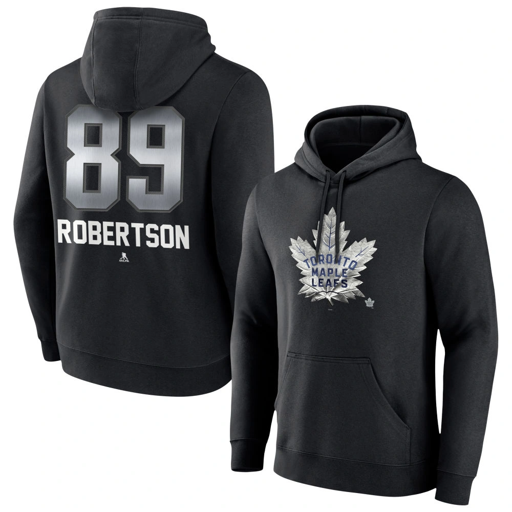 Men's Toronto Maple Leafs Black Midnight Mascot Logo Nicholas Robertson Player Pullover Hoodie Men's Toronto Maple Leafs Black Midnight Mascot Logo Nicholas Robertson Player Pullover Hoodie