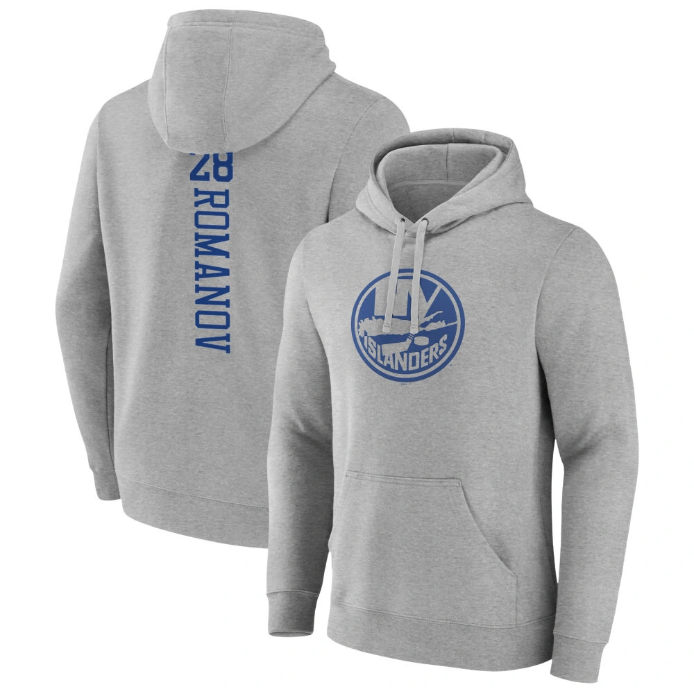 Men's New York Islanders Heather Gray Alexander Romanov Player Pullover Hoodie Men's New York Islanders Heather Gray Alexander Romanov Player Pullover Hoodie
