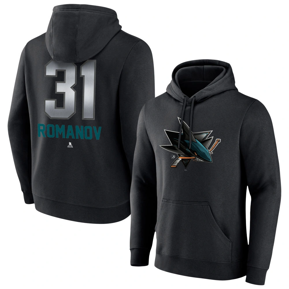 Youth San Jose Sharks Black Midnight Mascot Logo Georgi Romanov Pullover Hoodie Youth San Jose Sharks Black Midnight Mascot Logo Georgi Romanov Pullover Hoodie