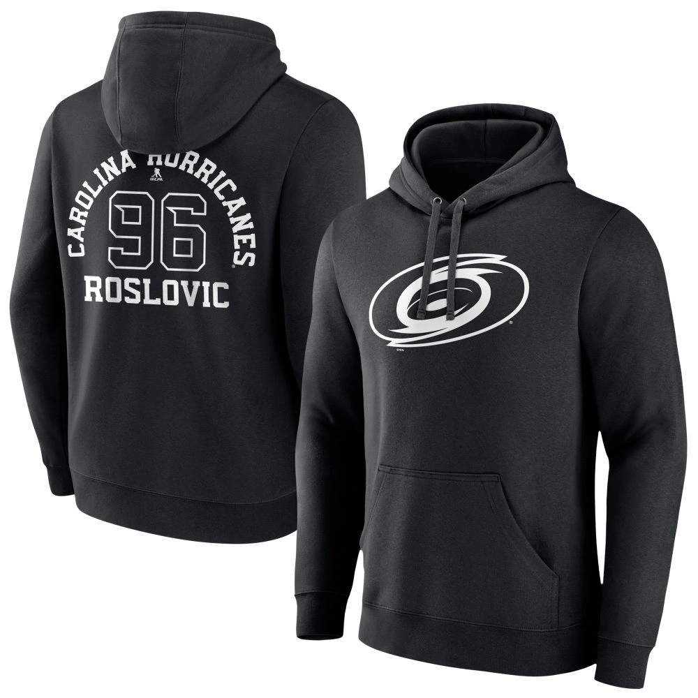 Men's Carolina Hurricanes Black Monochrome Jack Roslovic Player Pullover Hoodie