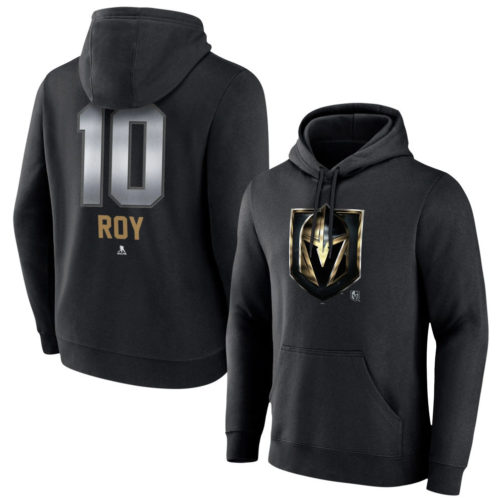 Men's Vegas Golden Knights Black Midnight Mascot Logo Nicolas Roy Player Pullover Hoodie Men's Vegas Golden Knights Black Midnight Mascot Logo Nicolas Roy Player Pullover Hoodie
