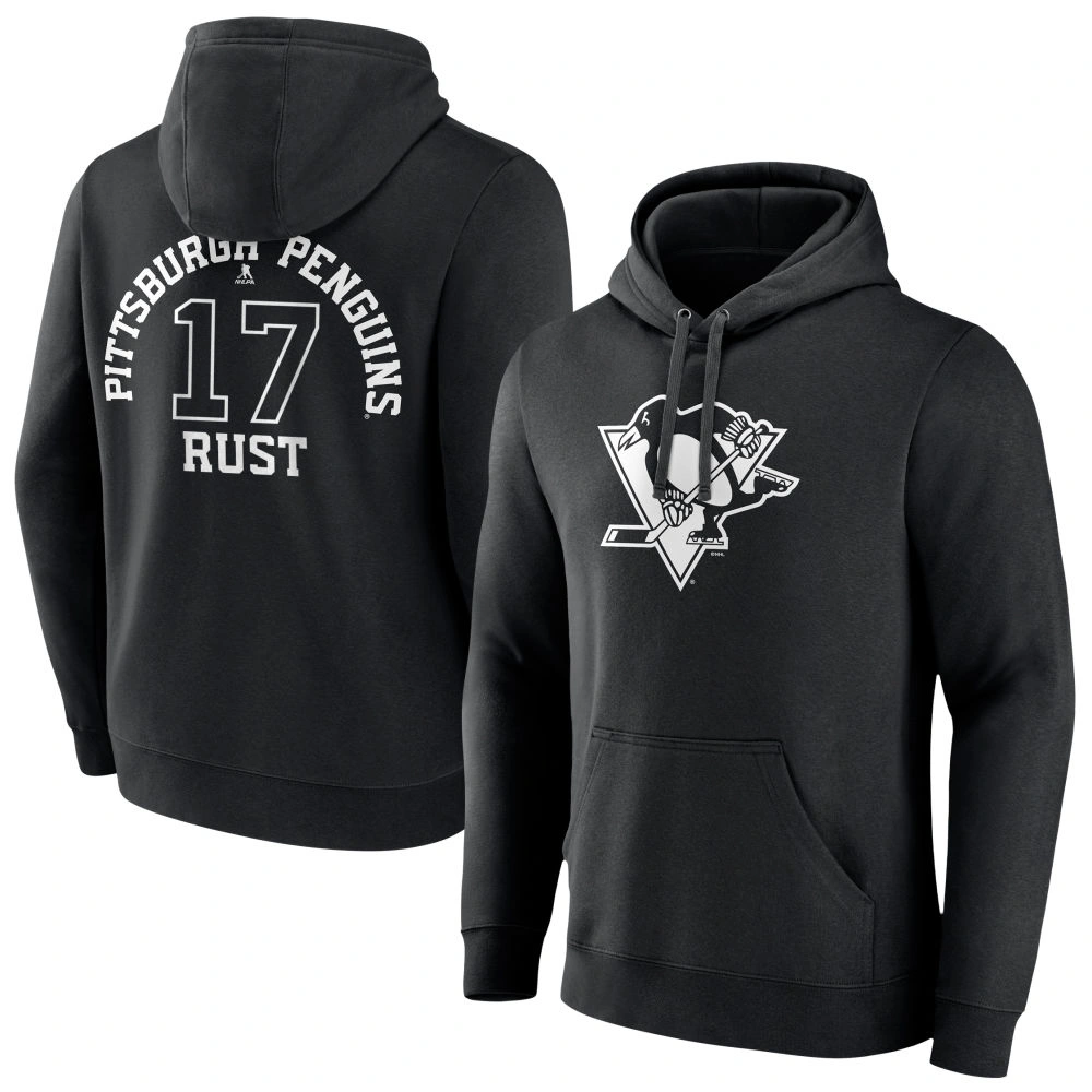 Men's Pittsburgh Penguins Black Monochrome Bryan Rust Player Pullover Hoodie Men's Pittsburgh Penguins Black Monochrome Bryan Rust Player Pullover Hoodie
