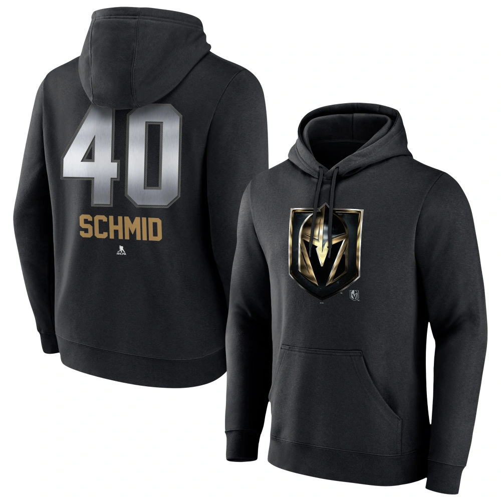 Men's Vegas Golden Knights Black Midnight Mascot Logo Akira Schmid Player Pullover Hoodie Men's Vegas Golden Knights Black Midnight Mascot Logo Akira Schmid Player Pullover Hoodie