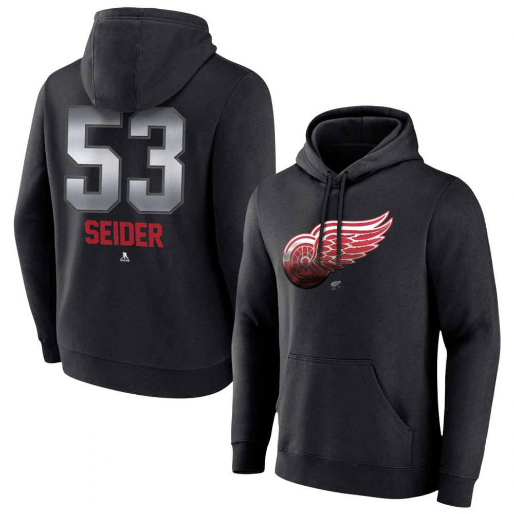 Youth Detroit Red Wings Black Midnight Mascot Logo Moritz Seider Pullover Hoodie Youth Detroit Red Wings Black Midnight Mascot Logo Moritz Seider Pullover Hoodie
