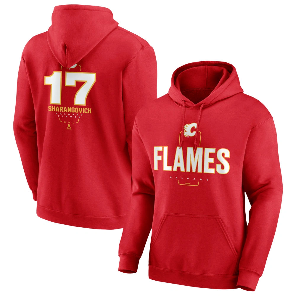 Men's Calgary Flames Red Midfielder Yegor Sharangovich Player Pullover Hoodie Men's Calgary Flames Red Midfielder Yegor Sharangovich Player Pullover Hoodie