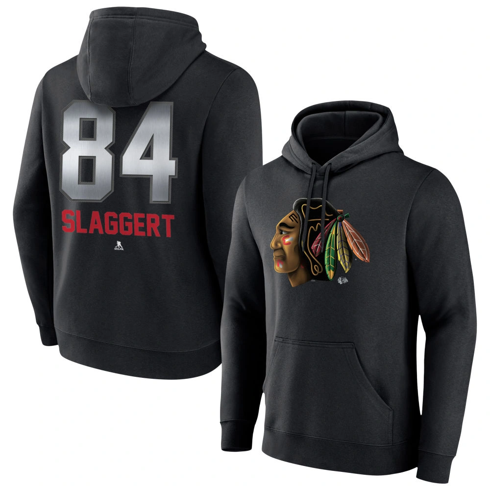 Men's Chicago Blackhawks Black Midnight Mascot Logo Landon Slaggert Player Pullover Hoodie Men's Chicago Blackhawks Black Midnight Mascot Logo Landon Slaggert Player Pullover Hoodie