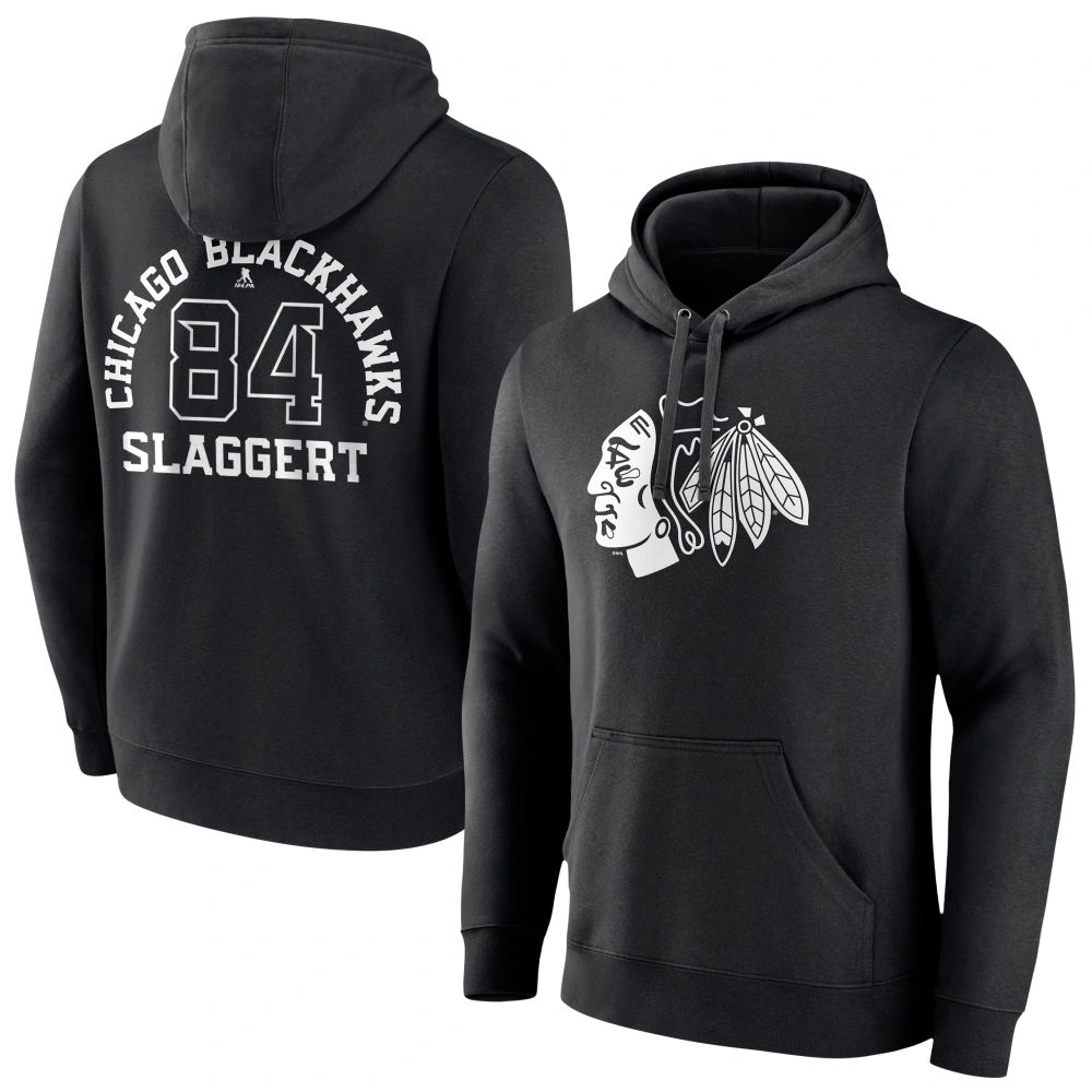 Youth Chicago Blackhawks Black Monochrome Landon Slaggert Pullover Hoodie Youth Chicago Blackhawks Black Monochrome Landon Slaggert Pullover Hoodie