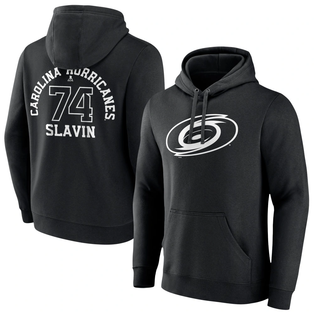 Men's Carolina Hurricanes Black Monochrome Jaccob Slavin Player Pullover Hoodie Men's Carolina Hurricanes Black Monochrome Jaccob Slavin Player Pullover Hoodie