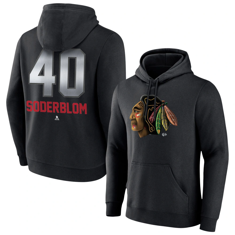 Men's Chicago Blackhawks Black Midnight Mascot Logo Arvid Soderblom Player Pullover Hoodie Men's Chicago Blackhawks Black Midnight Mascot Logo Arvid Soderblom Player Pullover Hoodie