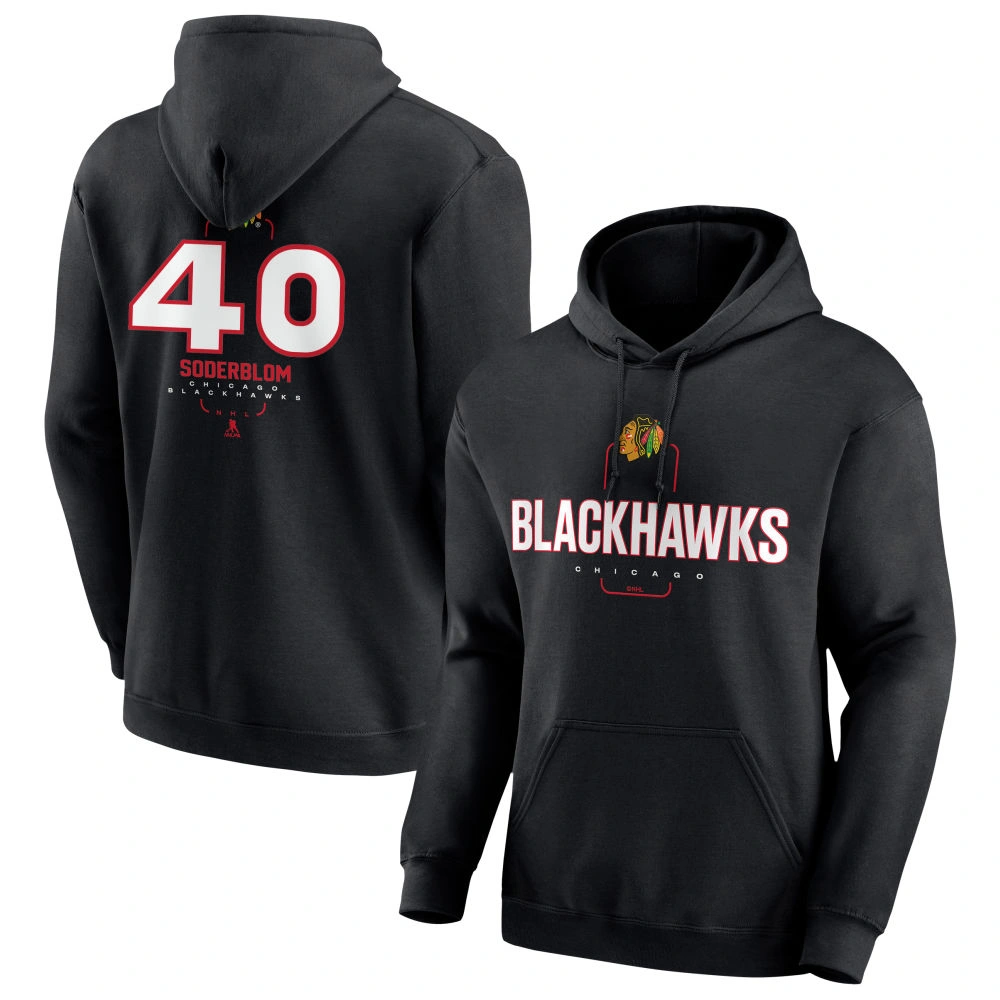 Men's Chicago Blackhawks Black Midfielder Arvid Soderblom Player Pullover Hoodie Men's Chicago Blackhawks Black Midfielder Arvid Soderblom Player Pullover Hoodie