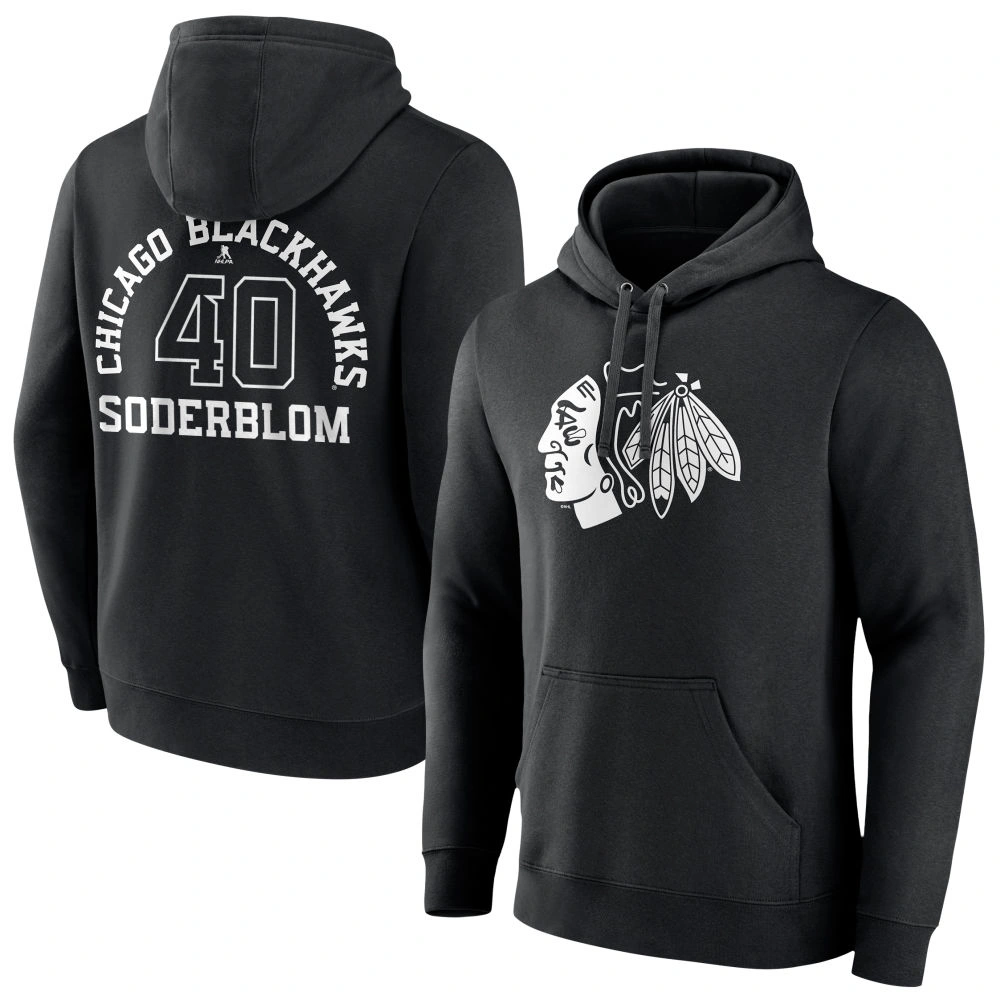 Youth Chicago Blackhawks Black Monochrome Arvid Soderblom Pullover Hoodie Youth Chicago Blackhawks Black Monochrome Arvid Soderblom Pullover Hoodie