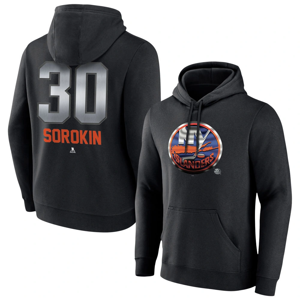 Men's New York Islanders Black Midnight Mascot Logo Ilya Sorokin Player Pullover Hoodie