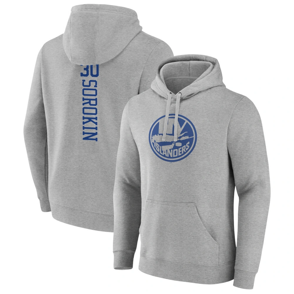 Men's New York Islanders Heather Gray Ilya Sorokin Player Pullover Hoodie Men's New York Islanders Heather Gray Ilya Sorokin Player Pullover Hoodie