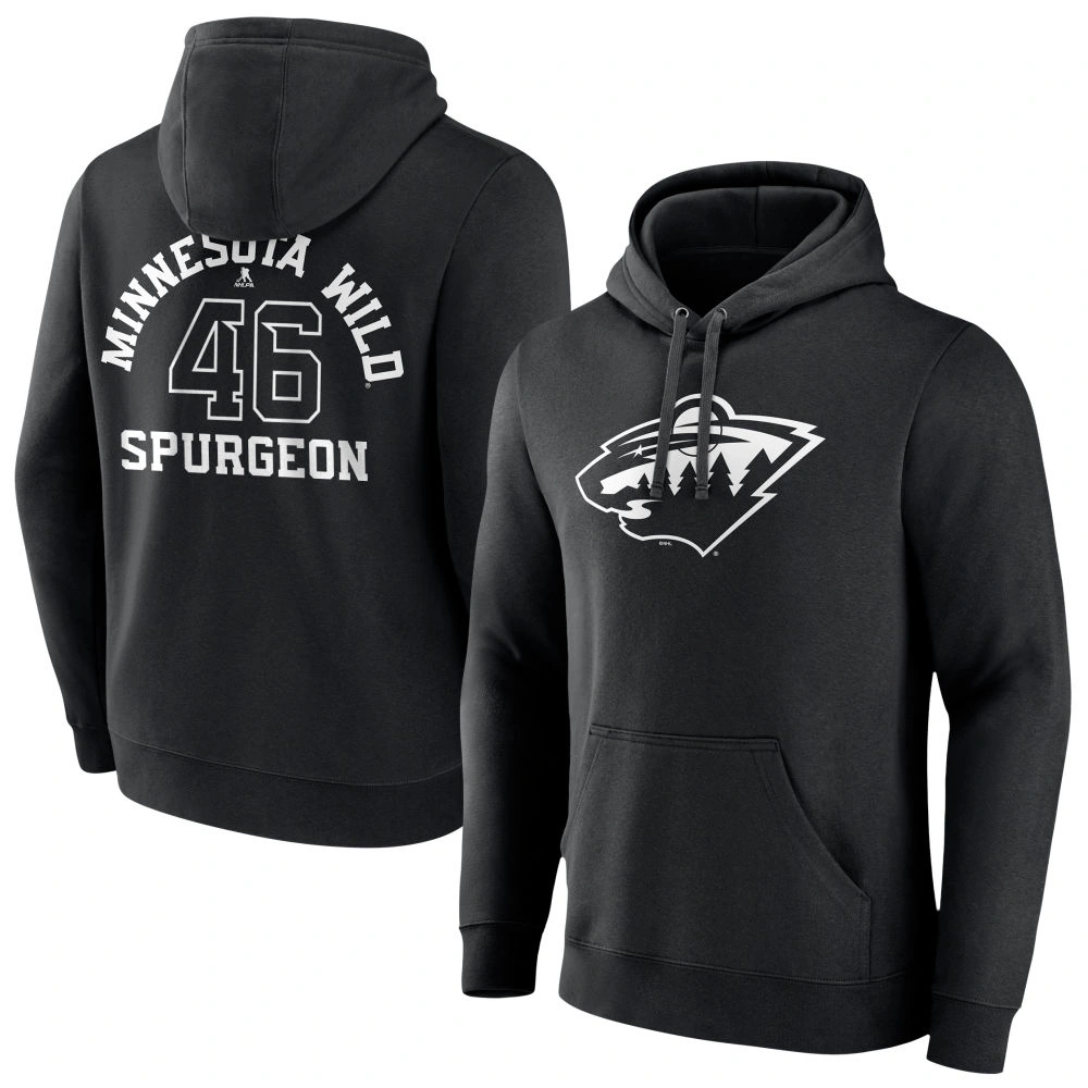 Youth Minnesota Wild Black Monochrome Jared Spurgeon Pullover Hoodie