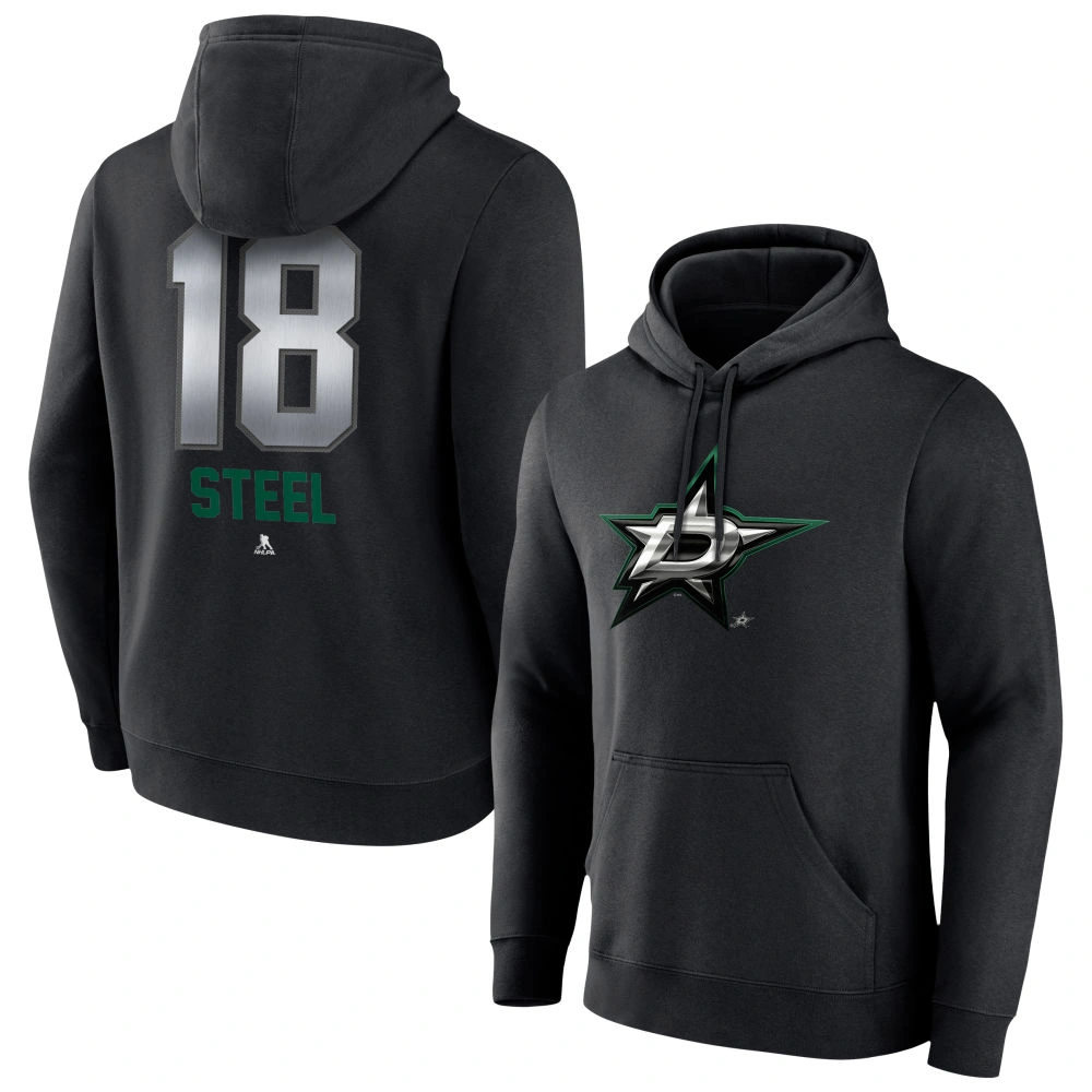 Men's Dallas Stars Black Midnight Mascot Logo Sam Steel Player Pullover Hoodie Men's Dallas Stars Black Midnight Mascot Logo Sam Steel Player Pullover Hoodie