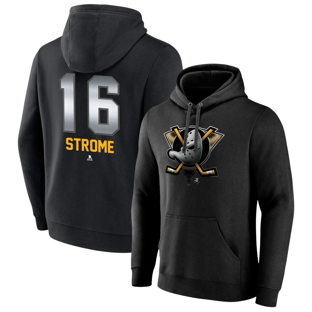 Men's Anaheim Ducks Black Midnight Mascot Logo Ryan Strome #16 Player Pullover Hoodie Men's Anaheim Ducks Black Midnight Mascot Logo Ryan Strome #16 Player Pullover Hoodie