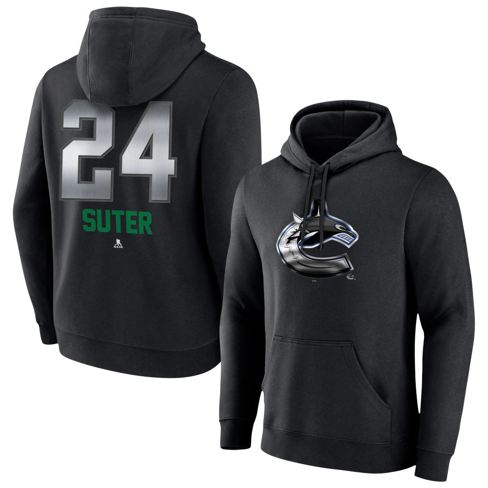 Men's Vancouver Canucks Black Midnight Mascot Logo Pius Suter Player Pullover Hoodie Men's Vancouver Canucks Black Midnight Mascot Logo Pius Suter Player Pullover Hoodie