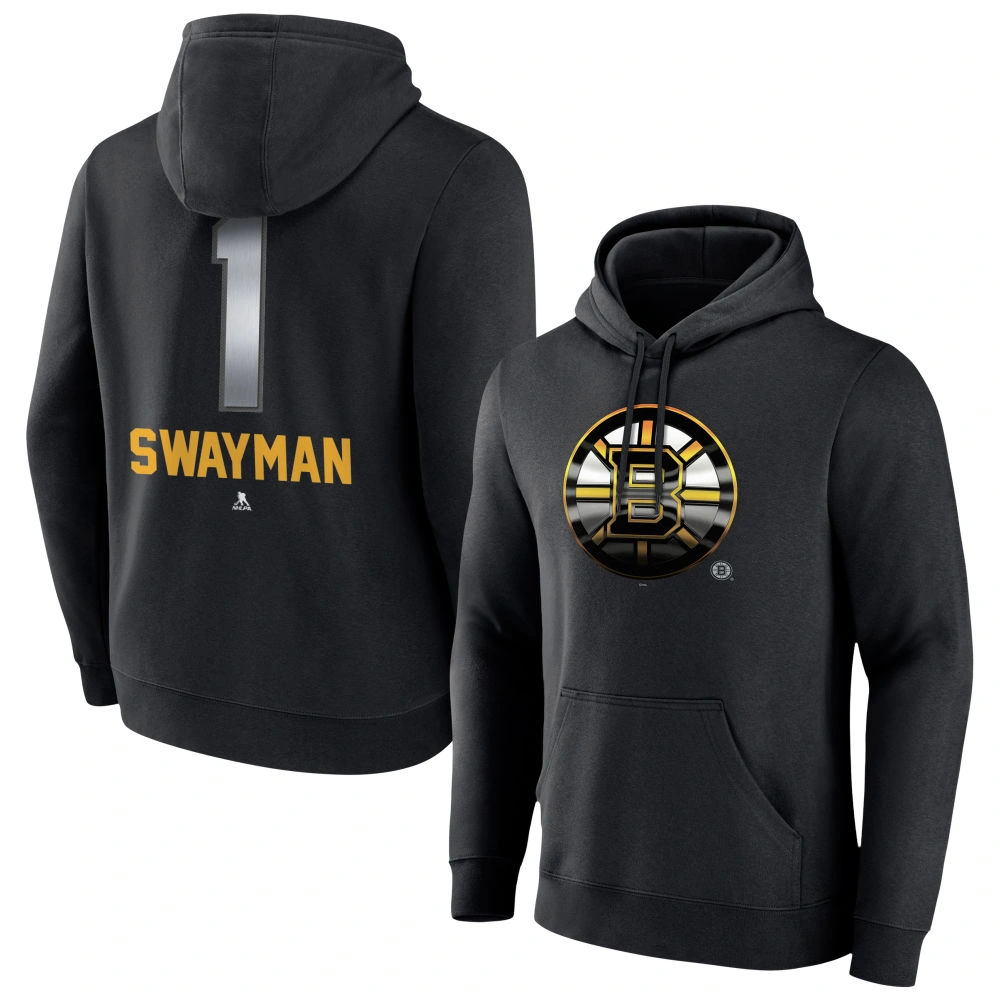 Men's Boston Bruins Black Midnight Mascot Logo Jeremy Swayman #1 Player Pullover Hoodie Men's Boston Bruins Black Midnight Mascot Logo Jeremy Swayman #1 Player Pullover Hoodie