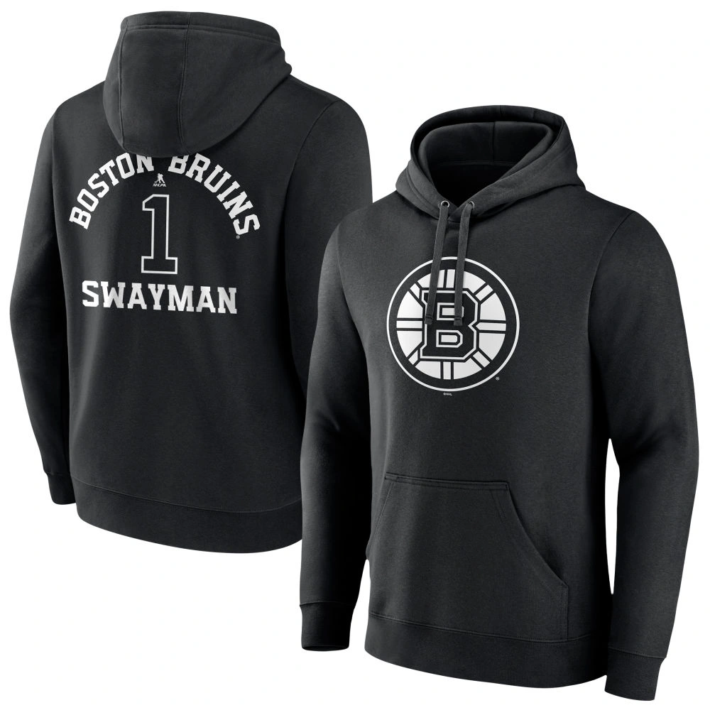 Men's Boston Bruins Black Monochrome Jeremy Swayman #1 Player Pullover Hoodie Men's Boston Bruins Black Monochrome Jeremy Swayman #1 Player Pullover Hoodie