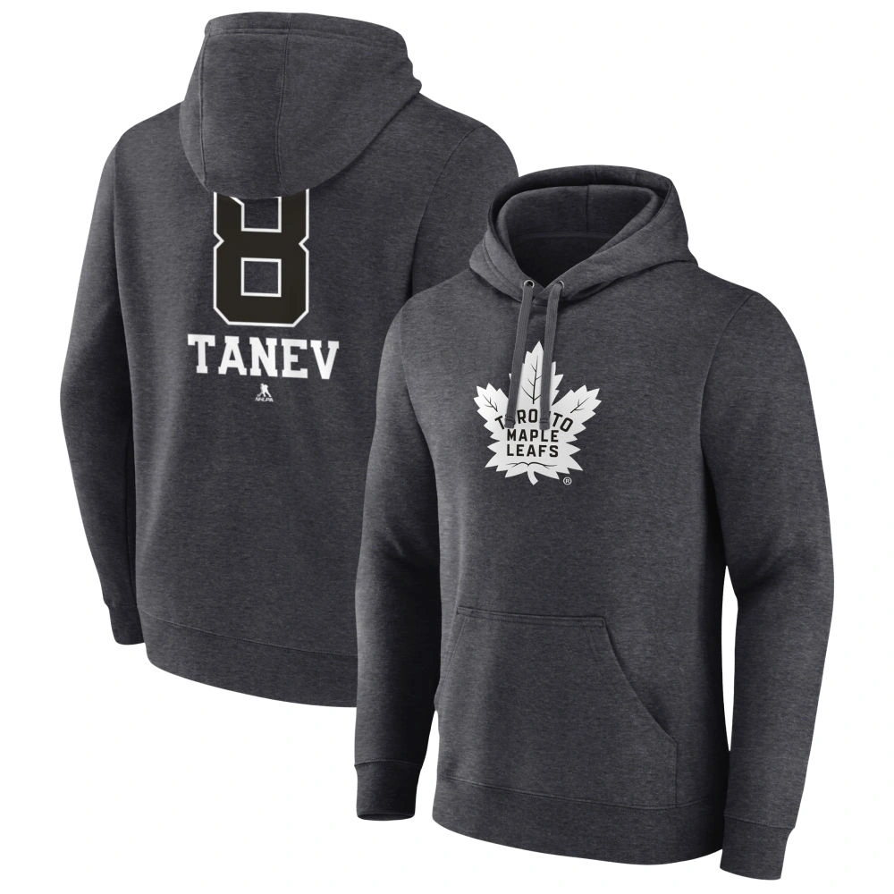 Men's Toronto Maple Leafs Charcoal Monochrome Christopher Tanev Player Pullover Hoodie Men's Toronto Maple Leafs Charcoal Monochrome Christopher Tanev Player Pullover Hoodie