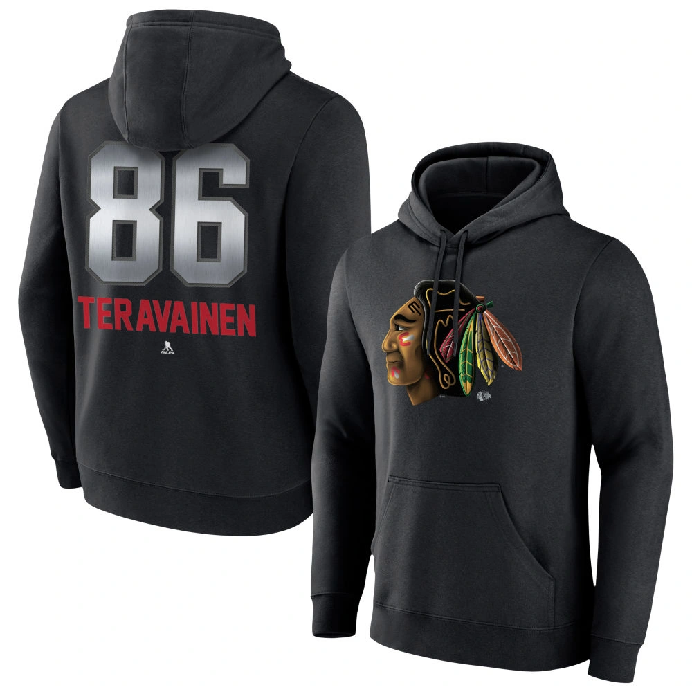 Men's Chicago Blackhawks Black Midnight Mascot Logo Teuvo Teravainen Player Pullover Hoodie Men's Chicago Blackhawks Black Midnight Mascot Logo Teuvo Teravainen Player Pullover Hoodie