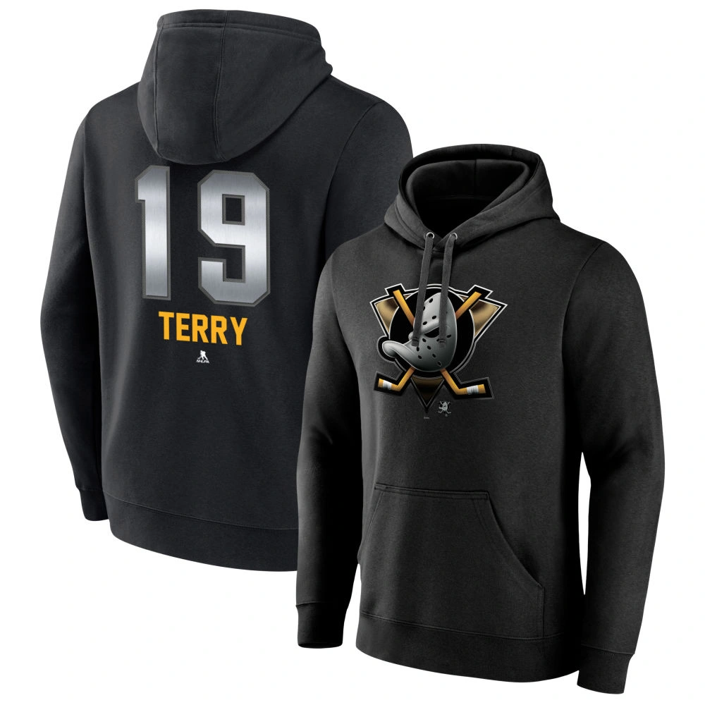 Youth Anaheim Ducks Black Midnight Mascot Logo Troy Terry #19 Pullover Hoodie Youth Anaheim Ducks Black Midnight Mascot Logo Troy Terry #19 Pullover Hoodie