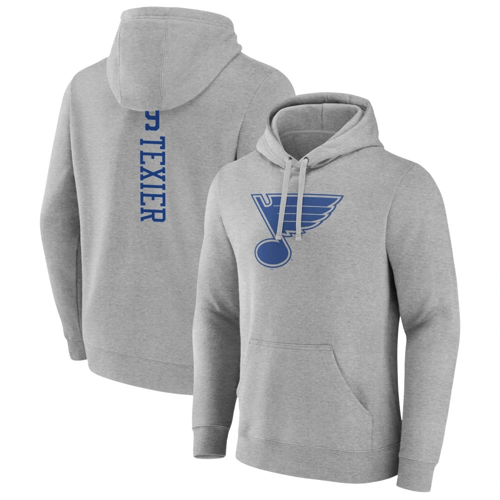 Men's St. Louis Blues Heather Gray Alexandre Texier Player Pullover Hoodie Men's St. Louis Blues Heather Gray Alexandre Texier Player Pullover Hoodie