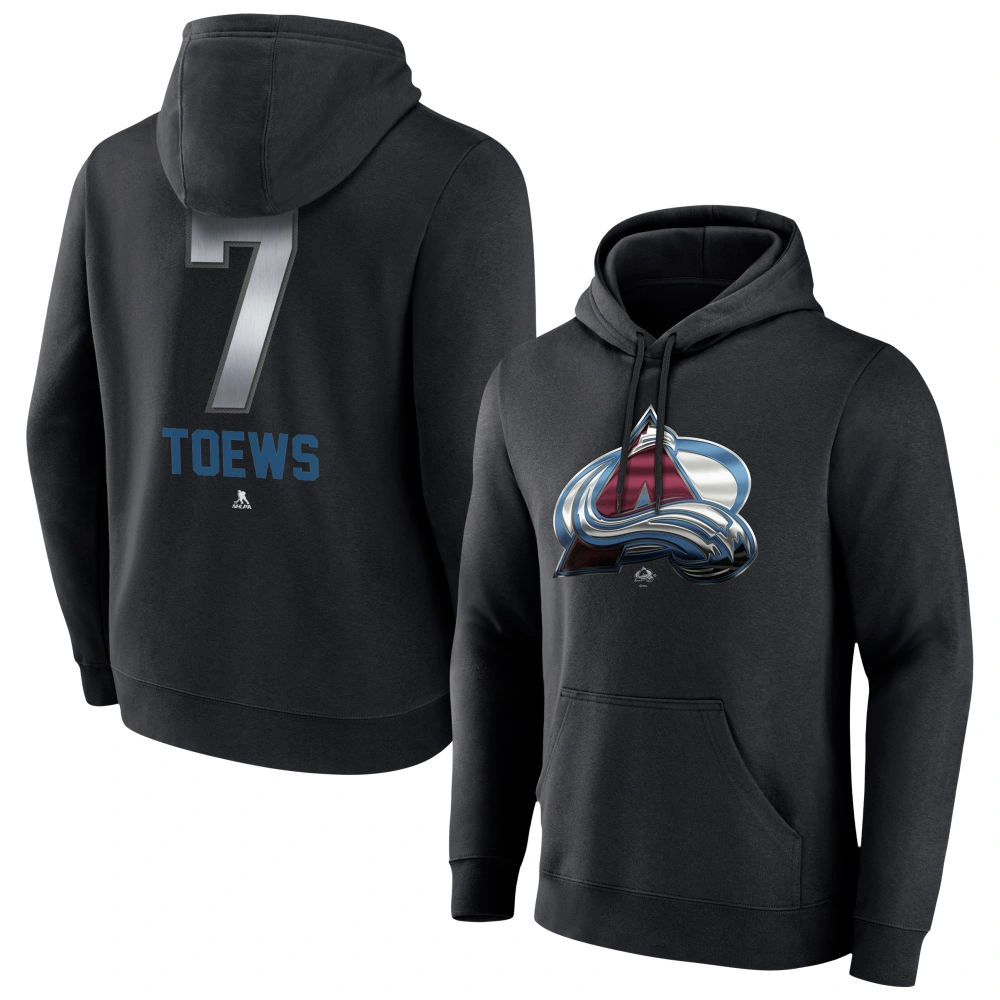 Men's Colorado Avalanche Black Midnight Mascot Logo Devon Toews Player Pullover Hoodie