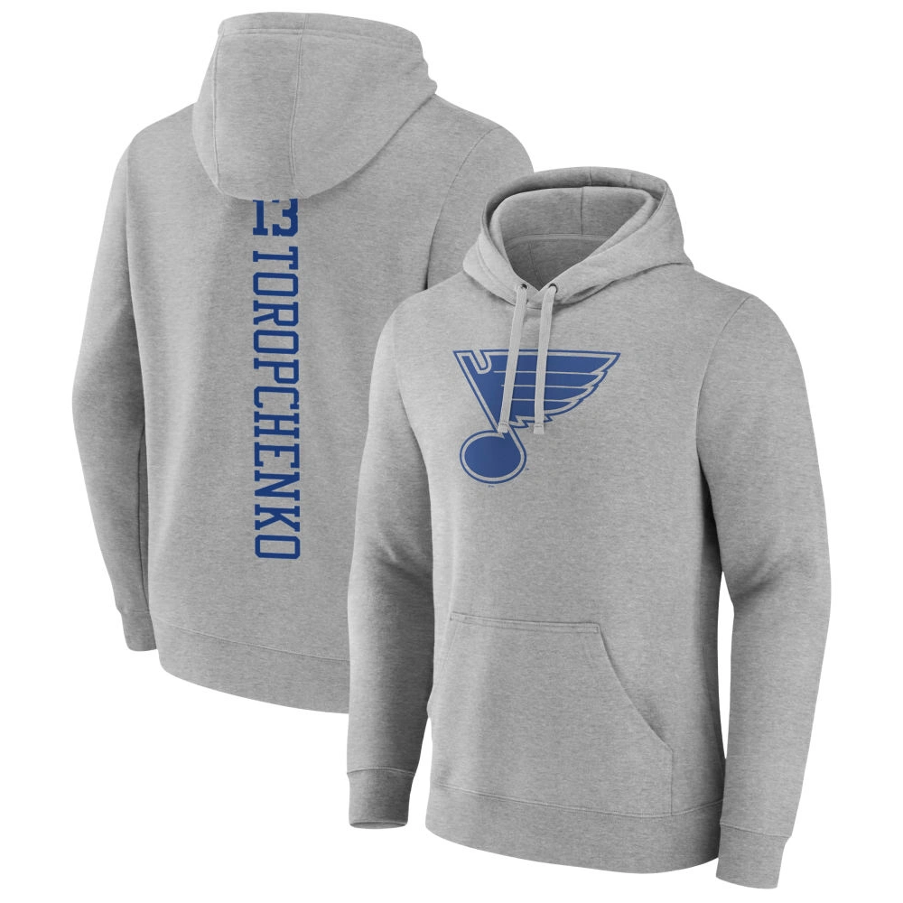 Men's St. Louis Blues Heather Gray Alexey Toropchenko Player Pullover Hoodie Men's St. Louis Blues Heather Gray Alexey Toropchenko Player Pullover Hoodie