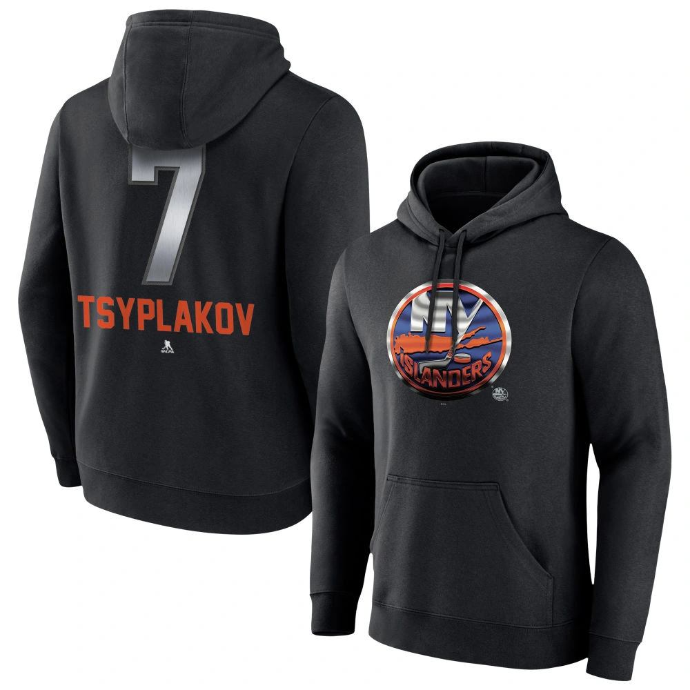 Men's New York Islanders Black Midnight Mascot Logo Maxim Tsyplakov Player Pullover Hoodie