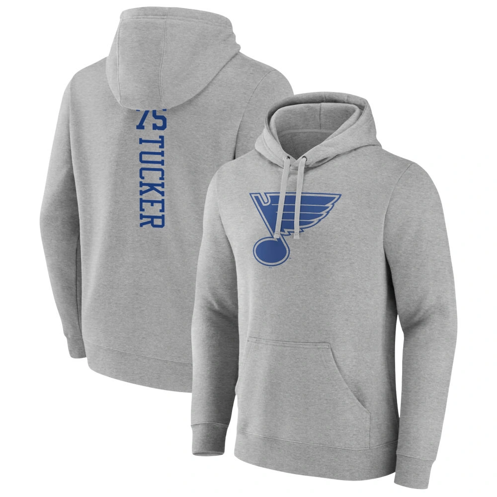 Men's St. Louis Blues Heather Gray Tyler Tucker Player Pullover Hoodie Men's St. Louis Blues Heather Gray Tyler Tucker Player Pullover Hoodie
