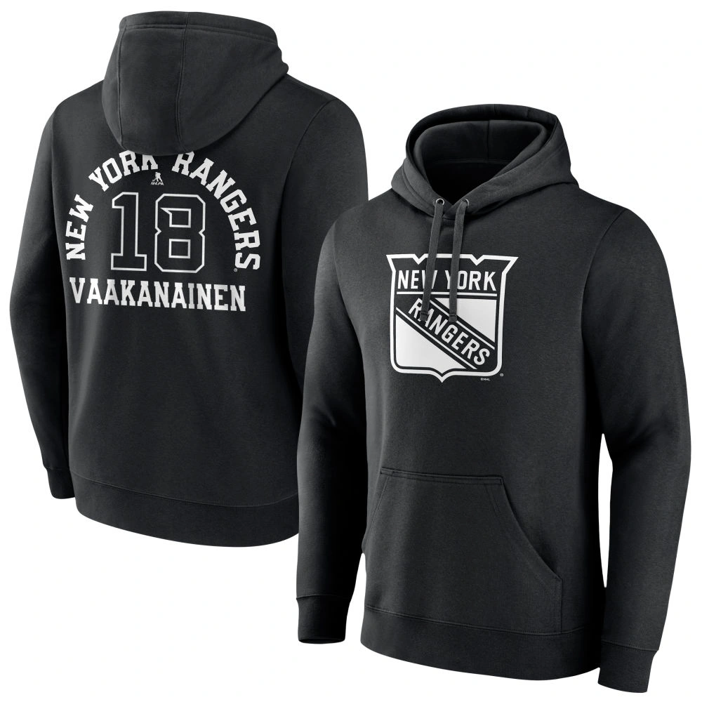 Men's New York Rangers Black Monochrome Urho Vaakanainen Player Pullover Hoodie Men's New York Rangers Black Monochrome Urho Vaakanainen Player Pullover Hoodie