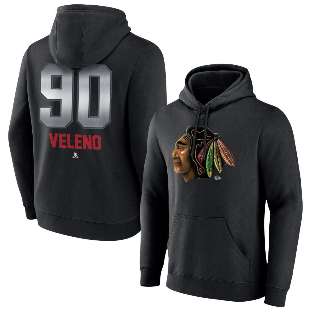 Men's Chicago Blackhawks Black Midnight Mascot Logo Joe Veleno Player Pullover Hoodie Men's Chicago Blackhawks Black Midnight Mascot Logo Joe Veleno Player Pullover Hoodie