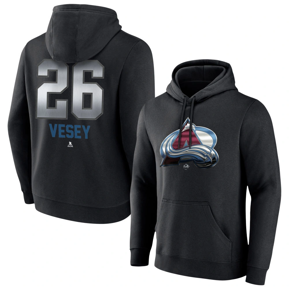 Men's Colorado Avalanche Black Midnight Mascot Logo Jimmy Vesey Player Pullover Hoodie Men's Colorado Avalanche Black Midnight Mascot Logo Jimmy Vesey Player Pullover Hoodie