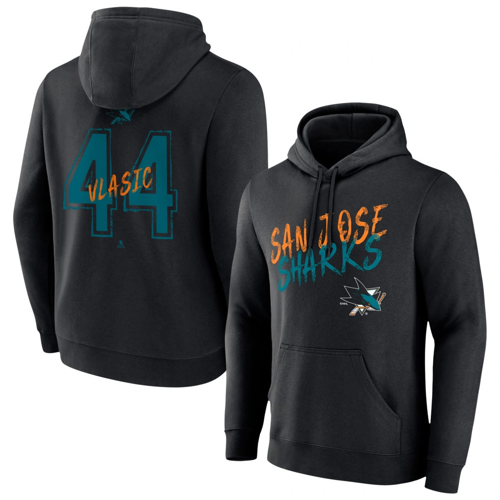 Men's San Jose Sharks Charcoal Monochrome Marc Vlasic 44 Player Pullover Hoodie Men's San Jose Sharks Charcoal Monochrome Marc Vlasic 44 Player Pullover Hoodie