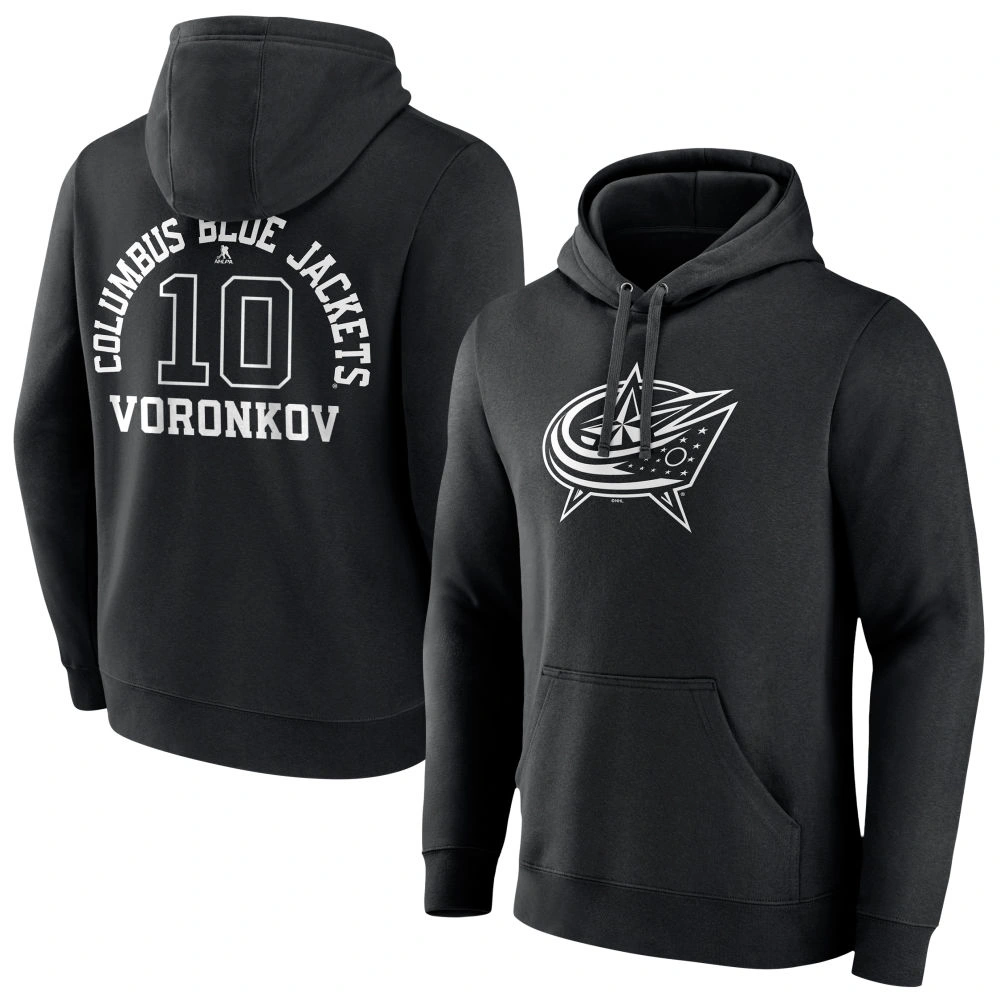 Men's Columbus Blue Jackets Black Monochrome Dmitri Voronkov Player Pullover Hoodie Men's Columbus Blue Jackets Black Monochrome Dmitri Voronkov Player Pullover Hoodie