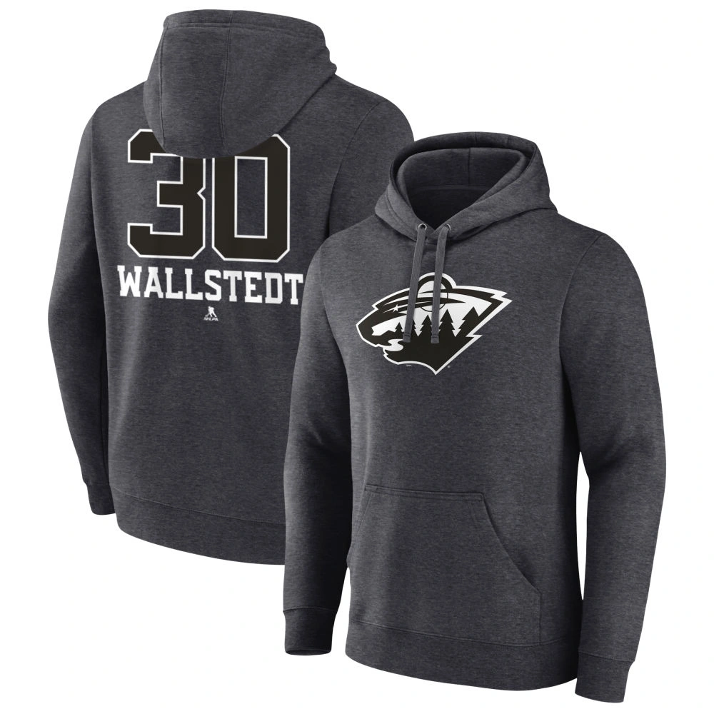 Men's Minnesota Wild Charcoal Monochrome Jesper Wallstedt Player Pullover Hoodie Men's Minnesota Wild Charcoal Monochrome Jesper Wallstedt Player Pullover Hoodie