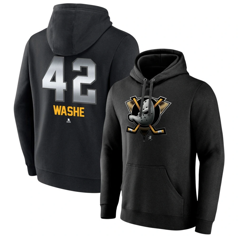 Youth Anaheim Ducks Black Midnight Mascot Logo Tim Washe #42 Pullover Hoodie Youth Anaheim Ducks Black Midnight Mascot Logo Tim Washe #42 Pullover Hoodie