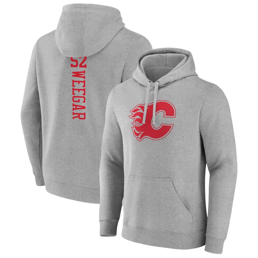 Men's Calgary Flames Heather Gray MacKenzie Weegar Player Pullover Hoodie Men's Calgary Flames Heather Gray MacKenzie Weegar Player Pullover Hoodie