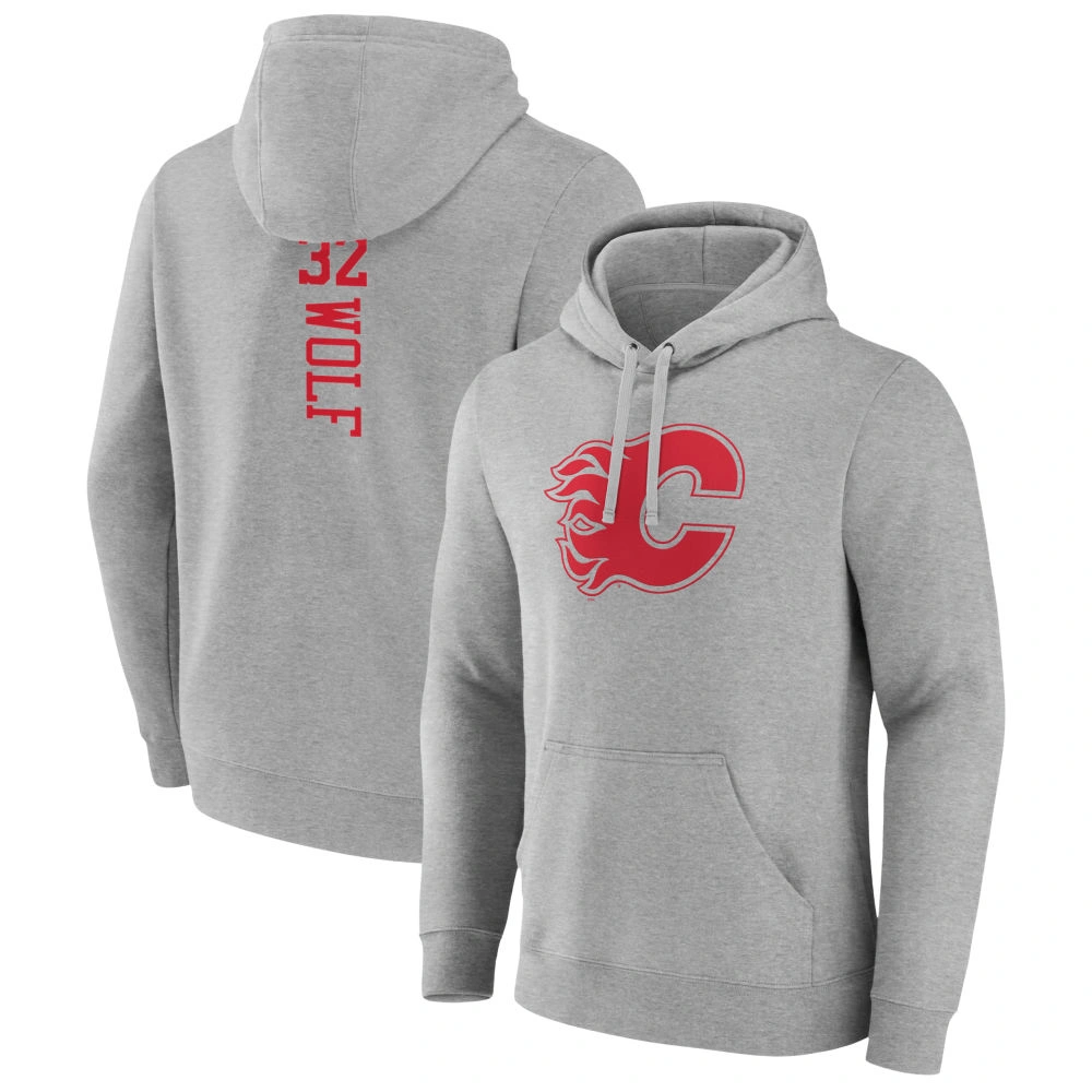 Men's Calgary Flames Heather Gray Dustin Wolf Player Pullover Hoodie Men's Calgary Flames Heather Gray Dustin Wolf Player Pullover Hoodie