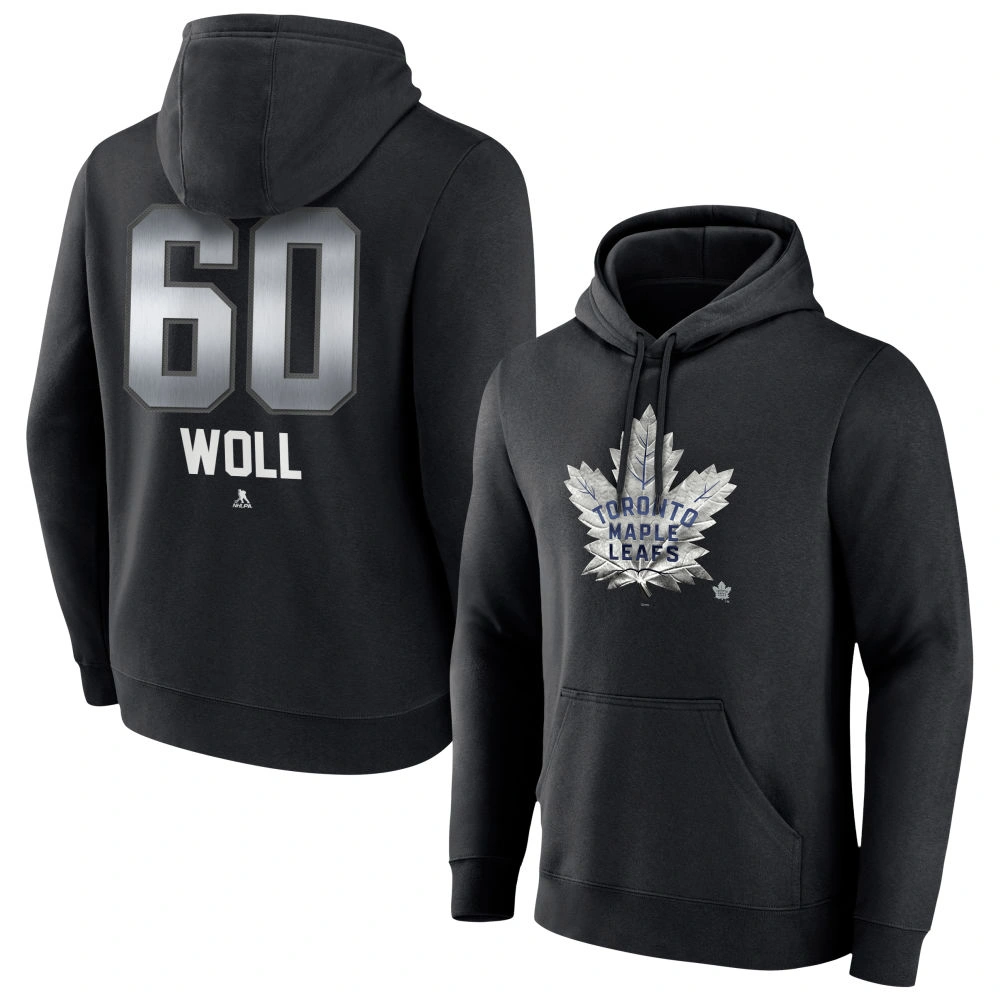 Men's Toronto Maple Leafs Black Midnight Mascot Logo Joseph Woll Player Pullover Hoodie Men's Toronto Maple Leafs Black Midnight Mascot Logo Joseph Woll Player Pullover Hoodie