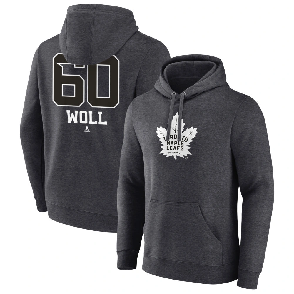 Men's Toronto Maple Leafs Charcoal Monochrome Joseph Woll Player Pullover Hoodie Men's Toronto Maple Leafs Charcoal Monochrome Joseph Woll Player Pullover Hoodie