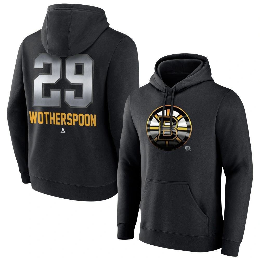 Men's Boston Bruins Black Midnight Mascot Logo Parker Wotherspoon #29 Player Pullover Hoodie