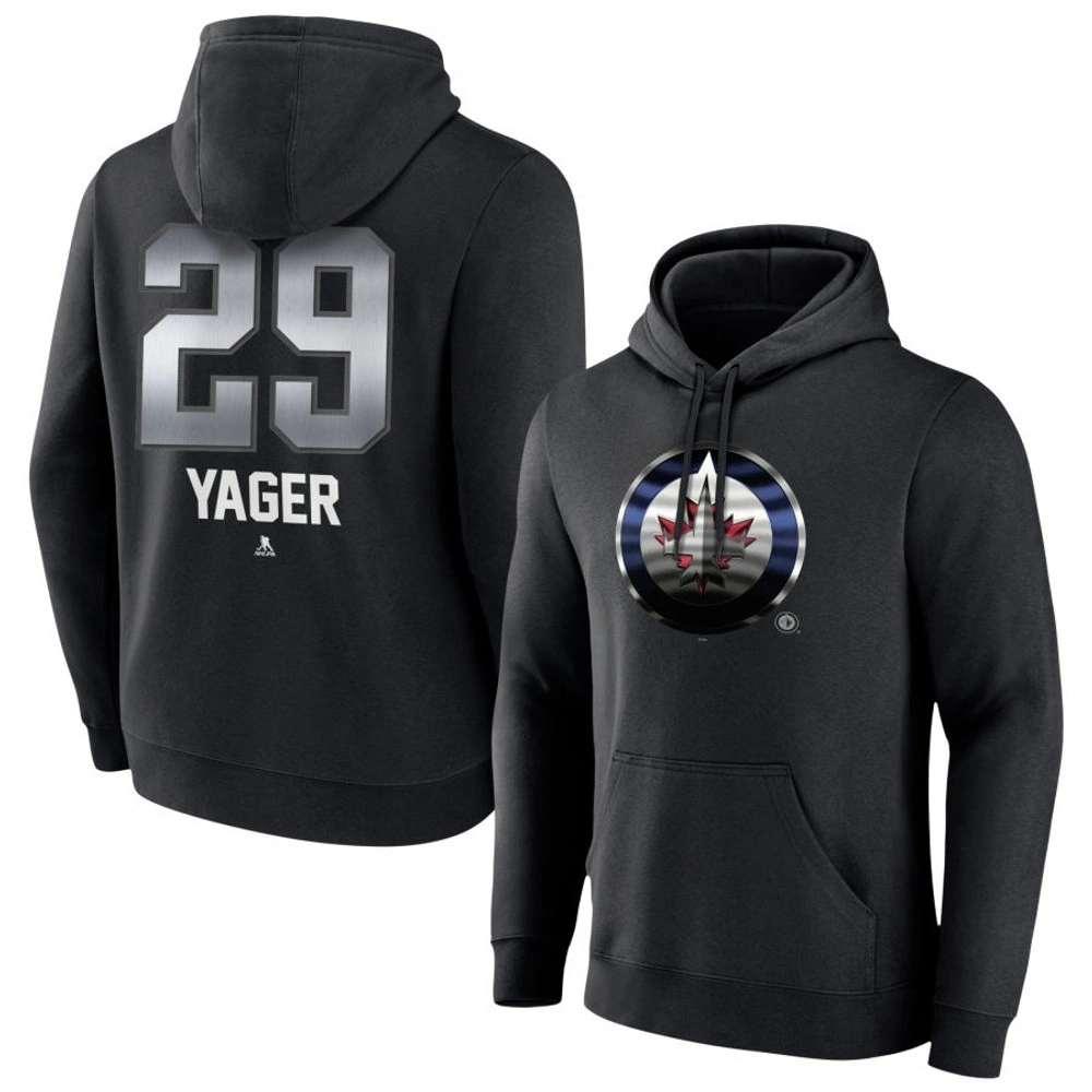 Men's Winnipeg Jets Black Midnight Mascot Logo Brayden Yager Player Pullover Hoodie Men's Winnipeg Jets Black Midnight Mascot Logo Brayden Yager Player Pullover Hoodie