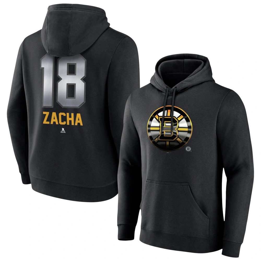 Men's Boston Bruins Black Midnight Mascot Logo Pavel Zacha #18 Player Pullover Hoodie Men's Boston Bruins Black Midnight Mascot Logo Pavel Zacha #18 Player Pullover Hoodie