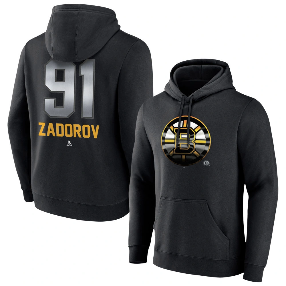 Men's Boston Bruins Black Midnight Mascot Logo Nikita Zadorov #91 Player Pullover Hoodie Men's Boston Bruins Black Midnight Mascot Logo Nikita Zadorov #91 Player Pullover Hoodie